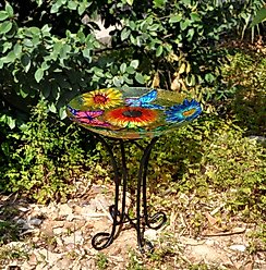 Hi-Line Gift Solar Floral Glass Butterfly Bird Bath with Stand, Multicolor