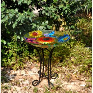 Hi-Line Gift Solar Floral Glass Butterfly Bird Bath with Stand, Multicolor
