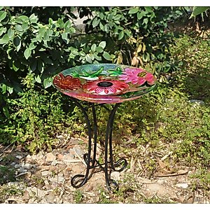 Hi-Line Gift Solar Floral Glass Hummingbird Bird Bath with Stand, Multicolor