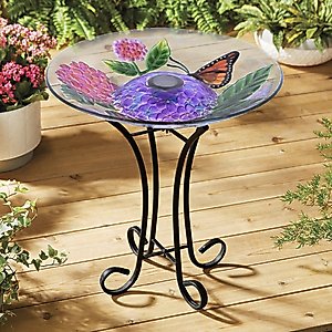 Hi-Line Gift Solar Floral Glass Monarch Butterfly Bird Bath with Stand, Multicolor