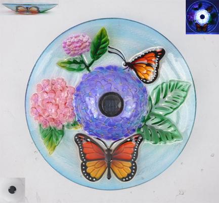 Show full view: Hi-Line Gift Solar Floral Glass Monarch Butterfly Bird Bath with Stand, Multicolor slide 4 of 5