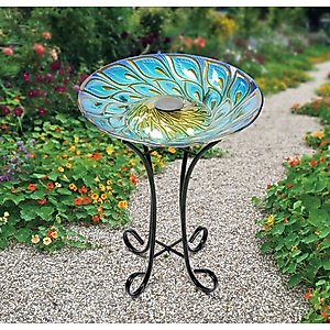 Hi-Line Gift Solar Glass Peacock Feathers Bird Bath with Stand, Multicolor