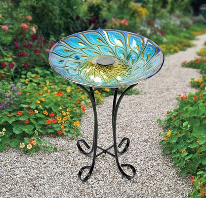 Show full view: Hi-Line Gift Solar Glass Peacock Feathers Bird Bath with Stand, Multicolor slide 1 of 6