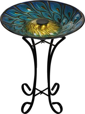 Show full view: Hi-Line Gift Solar Glass Peacock Feathers Bird Bath with Stand, Multicolor slide 2 of 6