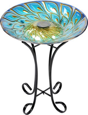 Show full view: Hi-Line Gift Solar Glass Peacock Feathers Bird Bath with Stand, Multicolor slide 6 of 6