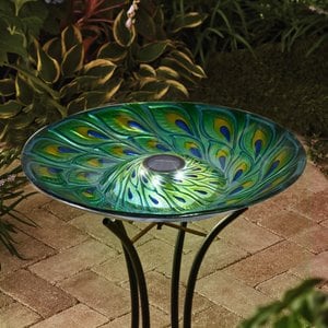 Hi-Line Gift Solar Green Peacock Feather Glass Bird Bath with Stand, Multicolor