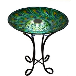 Hi-Line Gift Solar Green Peacock Feather Glass Bird Bath with Stand, Multicolor
