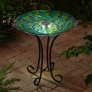 Hi-Line Gift Solar Green Peacock Feather Glass Bird Bath with Stand, Multicolor