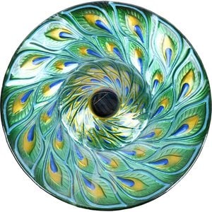 Hi-Line Gift Solar Green Peacock Feather Glass Bird Bath with Stand, Multicolor