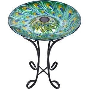 Hi-Line Gift Solar Green Peacock Feather Glass Bird Bath with Stand, Multicolor