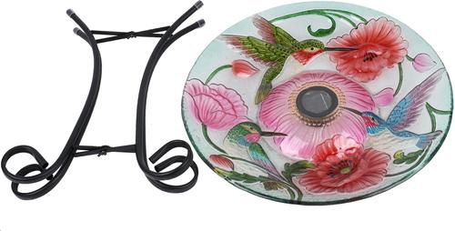 Show full view: Hi-Line Gift Solar Hummingbird with Corn Poppy Glass Bird Bath with Stand, Multicolor slide 2 of 11