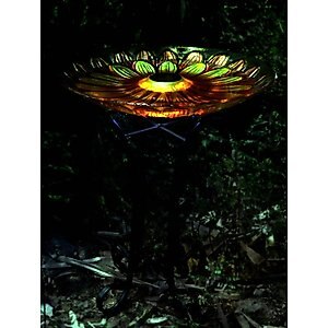 Hi-Line Gift Solar Orange Floral Glass Bird Bath with Stand, Multicolor