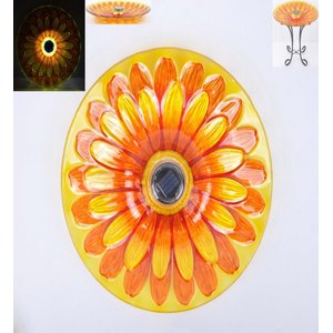 Hi-Line Gift Solar Orange Floral Glass Bird Bath with Stand, Multicolor