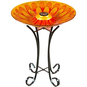 Hi-Line Gift Solar Orange Floral Glass Bird Bath with Stand, Multicolor