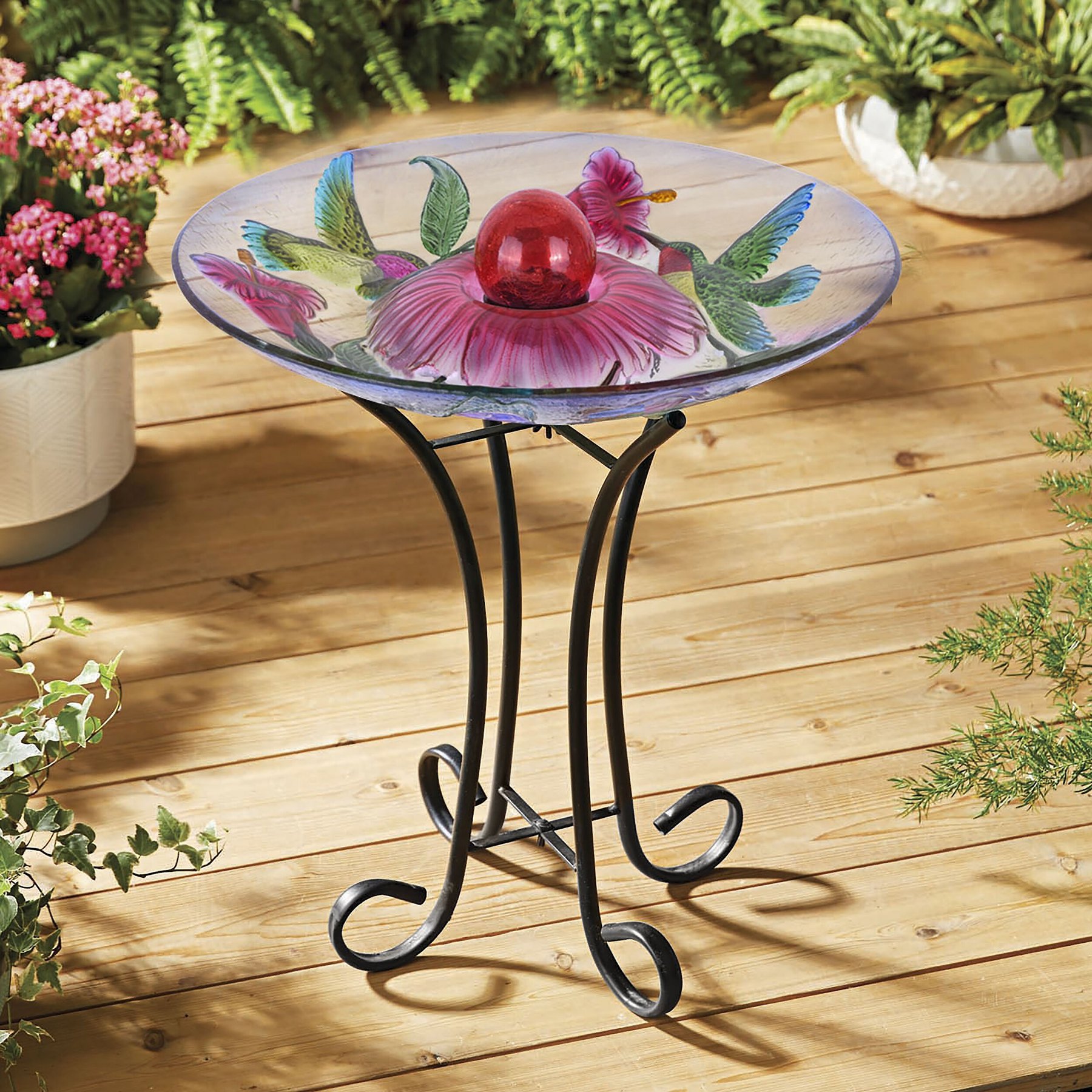 Hi-Line Gift Solar ORB Floral Glass Hummingbird Bird Bath with Stand, Multicolor