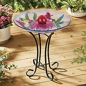 Hi-Line Gift Solar ORB Floral Glass Hummingbird Bird Bath with Stand, Multicolor