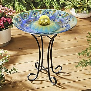 Hi-Line Gift Solar ORB Peacock Glass Bird Bath with Stand, Multicolor