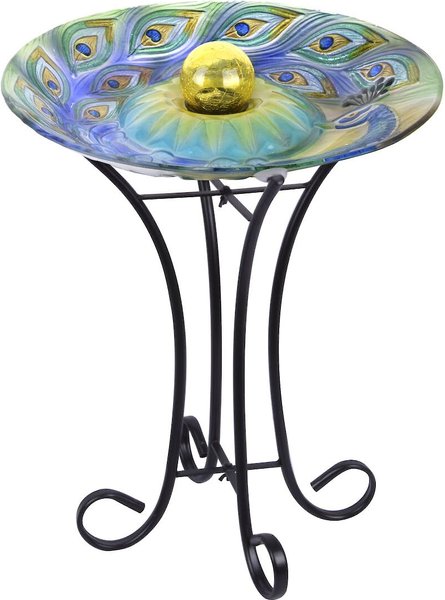 Show full view: Hi-Line Gift Solar ORB Peacock Glass Bird Bath with Stand, Multicolor slide 2 of 5