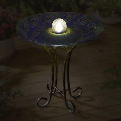 Show full view: Hi-Line Gift Solar ORB Peacock Glass Bird Bath with Stand, Multicolor slide 4 of 5