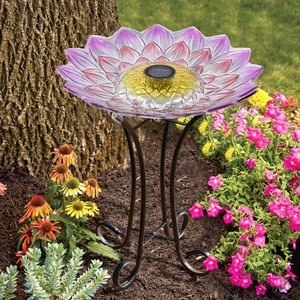 Hi-Line Gift Solar Pink Floral Glass Bird Bath with Stand, Multicolor
