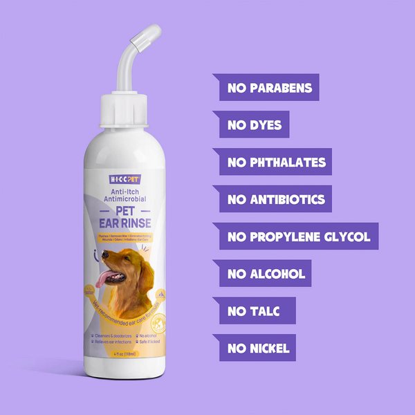 HICC PET Antibacterial Cat & Dog Ear Rinse with Cotton Swabs, 4-fl oz bottle