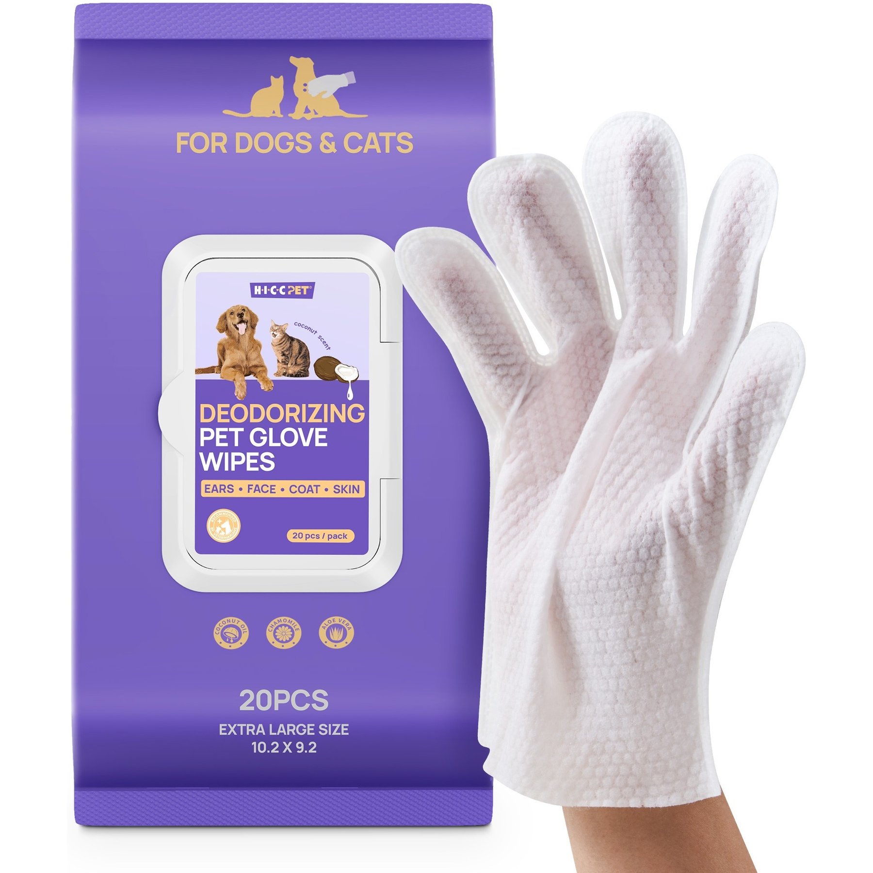 HICC PET Deodorizing Cat & Dog Glove Wipes, 20 count