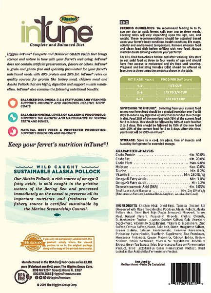 Show full view: Higgins inTune Complete & Balanced Diet Grain-Free Ferret Food, 4-lb bag slide 2 of 10