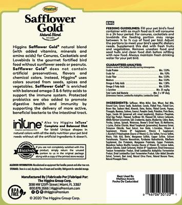Show full view: Higgins Safflower Gold Natural Mix Conure & Cockatiel Food, 3-lb bag slide 2 of 8