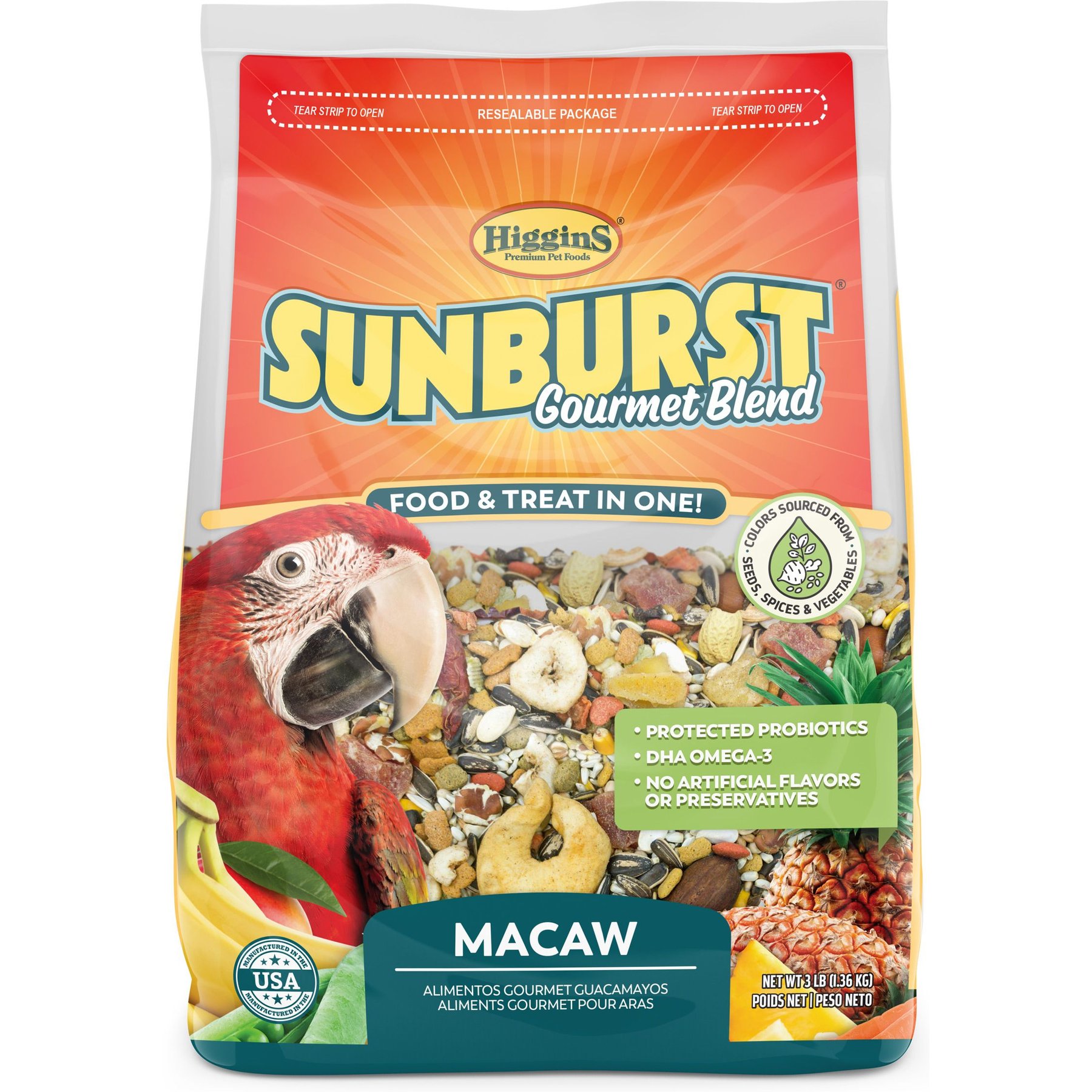 Higgins Sunburst Gourmet Blend Birdseed & Nuts Macaw Bird Food, 3-lb bag