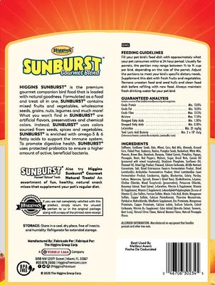 Show full view: Higgins Sunburst Gourmet Blend Parrot Bird Food, 3-lb bag slide 2 of 7