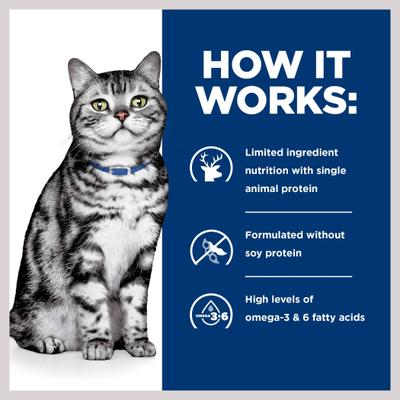 Show full view: Hill's Prescription Diet d/d Skin/Food Sensitivities Venison & Green Pea Dry Cat Food, 8.5-lb bag slide 7 of 12