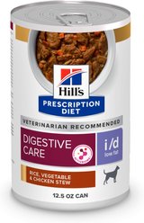 Hill's Prescription Diet i/d Digestive Care Low Fat Rice, Vegetable & Chicken Stew Wet Dog Food, 12.5-oz, case of 12