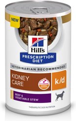 Hill's Prescription Diet k/d Kidney Care Beef & Vegetable Stew Wet Dog Food, 12.5-oz can, case of 12