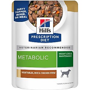 Hill's Prescription Diet Metabolic Canine Vegetables, Rice & Chicken Stew Wet Dog Food, 2.8-oz pouch, case of 24