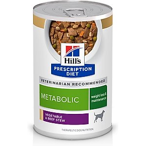 Hill's Prescription Diet Metabolic Weight Management Vegetable & Beef Stew Wet Dog Food, 12.5-oz can, case of 12