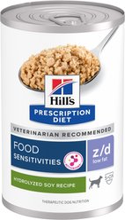 Hill's Prescription Diet z/d Low Fat Hydrolyzed Soy Recipe Food Sensitivities Wet Dog Food, 13-oz can, case of 12