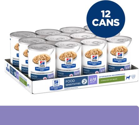 Show full view: Hill's Prescription Diet z/d Low Fat Hydrolyzed Soy Recipe Food Sensitivities Wet Dog Food, 13-oz can, case of 12 slide 4 of 11