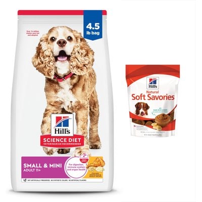 Hill's Science Diet Hill's Science Diet Adult 11+ Small Paws Chicken Meal, Barley & Brown Rice Recipe Dry Dog Food, 15.5-lb bag + Hill's Natural Soft Savories with Peanut Butter & Banana Dog Treats, 8-oz bag
