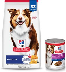 Hill's Science Diet Adult 7+ Chicken Meal, Rice & Barley Recipe Dry Food + Savory Stew with Beef & Vegetables Canned Dog Food
