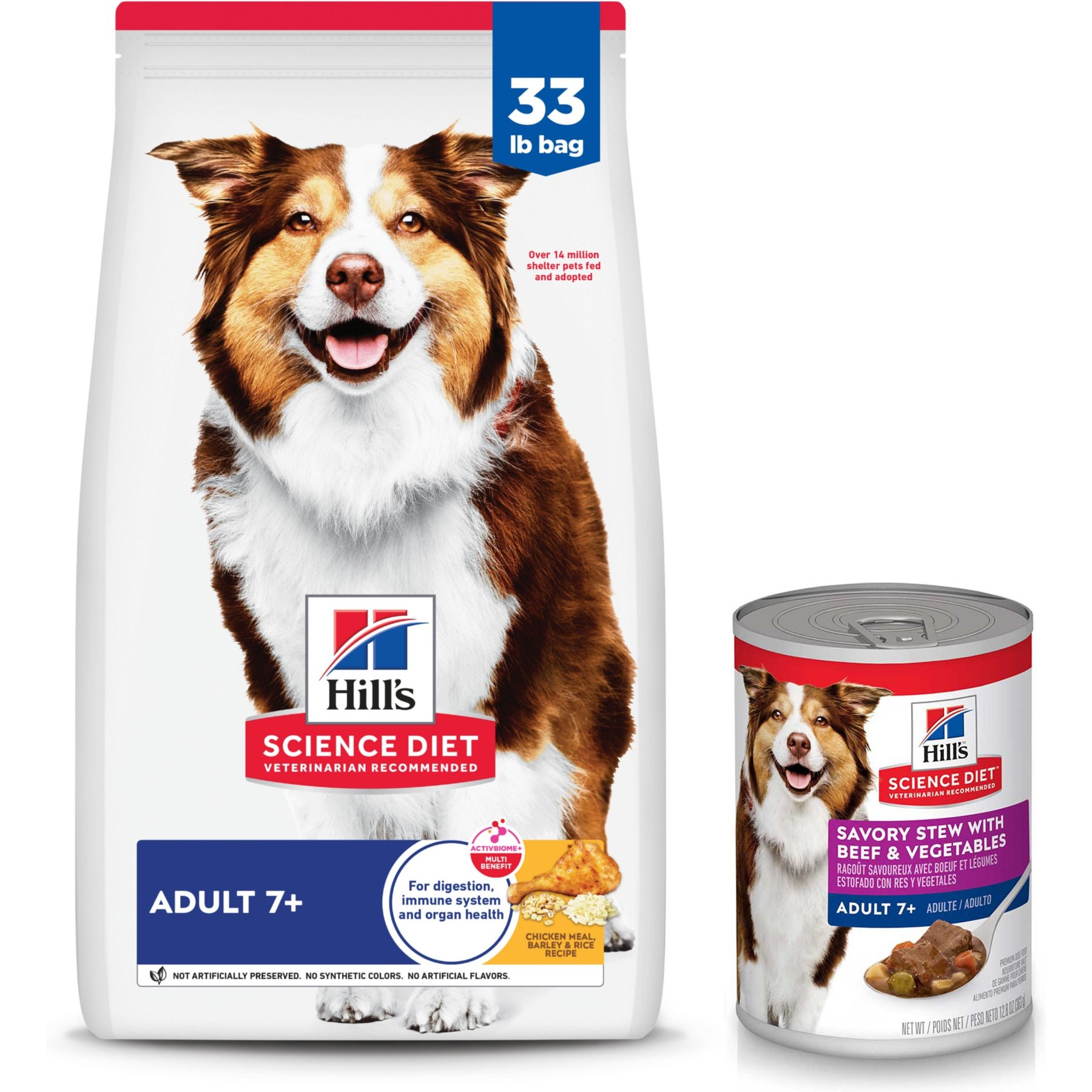 Hill's Science Diet Adult 7+ Chicken Meal, Rice & Barley Recipe Dry Food + Savory Stew with Beef & Vegetables Canned Dog Food