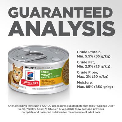 Show full view: Hill's Science Diet Adult 7+ Senior Vitality Chicken & Vegetable Stew Wet Cat Food, 2.9-oz can, case of 24 slide 9 of 14