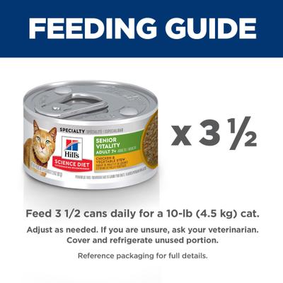 Show full view: Hill's Science Diet Adult 7+ Senior Vitality Chicken & Vegetable Stew Wet Cat Food, 2.9-oz can, case of 24 slide 8 of 14