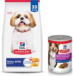 Hill's Science Diet Adult 7+ Small Bites Chicken Meal, Barley & Rice Recipe Dry Food + Savory Stew with Beef & Vegetables Canned Dog Food