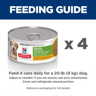 Show full view: Hill's Science Diet Adult 7+ Small Breed & Mini Breed Senior Vitality Chicken & Vegetable Stew Wet Dog Food, 5.5-oz can, case of 24 slide 8 of 14