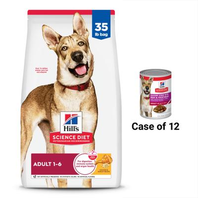 Show full view: Hill's Science Diet Adult Chicken & Barley Recipe Dry Food + Savory Stew with Beef & Vegetables Canned Dog Food slide 1 of 7