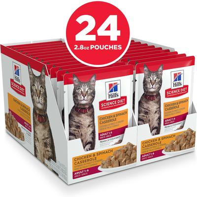Show full view: Hill's Science Diet Adult Chicken & Spinach Casserole Recipe Cat Food, 2.8-oz pouch, case of 24 slide 4 of 12