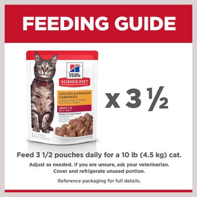 Show full view: Hill's Science Diet Adult Chicken & Spinach Casserole Recipe Cat Food, 2.8-oz pouch, case of 24 slide 9 of 12