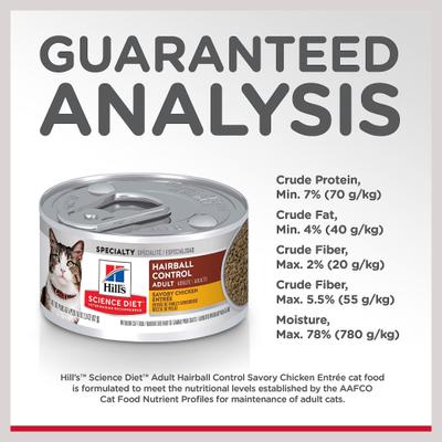 Show full view: Hill's Science Diet Adult Hairball Control Savory Chicken Entree Wet Cat Food, 2.9-oz can, case of 24 slide 8 of 13