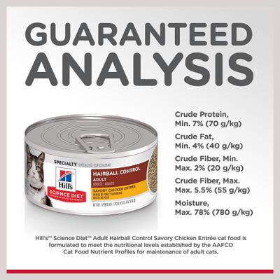 Show full view: Hill's Science Diet Adult Hairball Control Savory Chicken Entree Wet Cat Food, 5.5-oz can, case of 24 slide 8 of 13