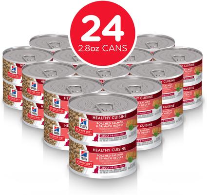 Show full view: Hill's Science Diet Adult Healthy Cuisine Poached Salmon & Spinach Medley Wet Cat Food, 2.8-oz can, case of 24 slide 3 of 13